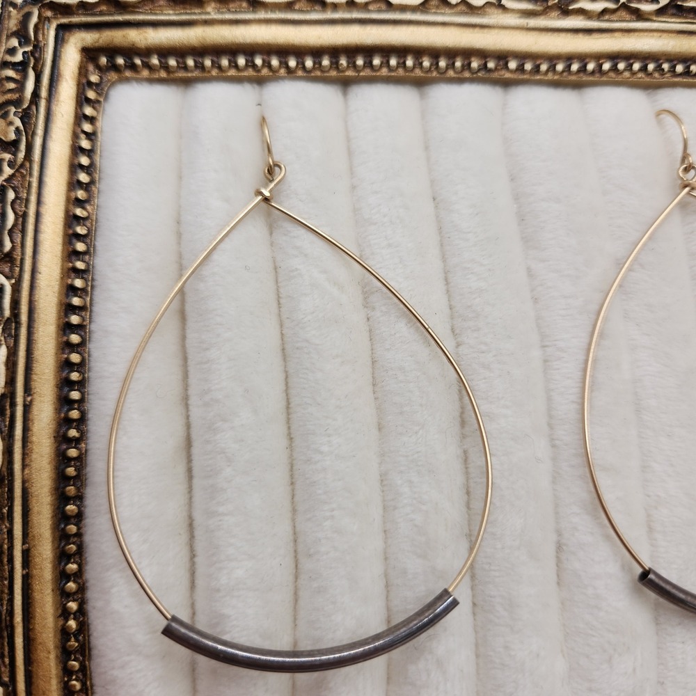 Boho 14k Gold Filled 925 Sterling Silver Teardrop Mixed Metal Hoops Artisan Made - Picture 2 of 10